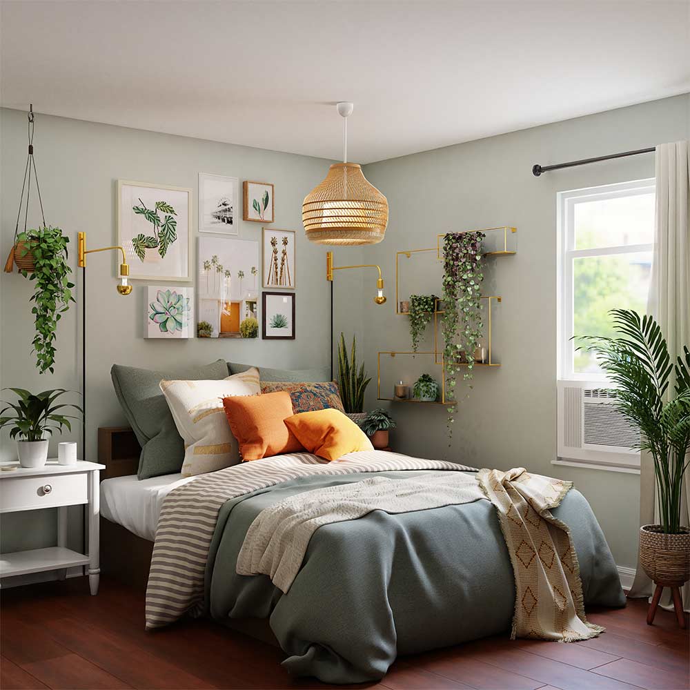 Small bedroom décor with wicker pendant light, indoor plants & botanical wall art - Beautiful Homes