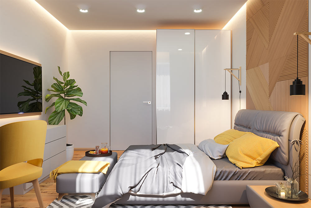 Small bedroom décor with wooden interiors & ceiling lights - Beautiful Homes