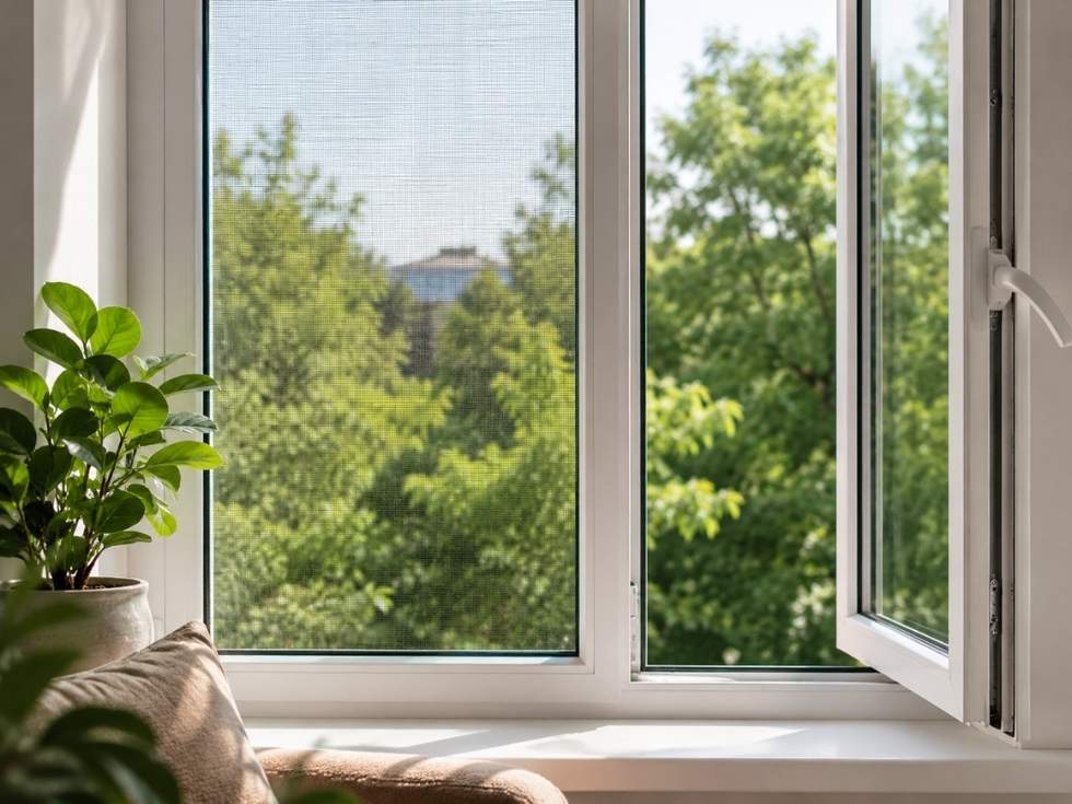Open uPVC window with mosquito mesh providing fresh airflow while blocking insects - Beautiful Homes