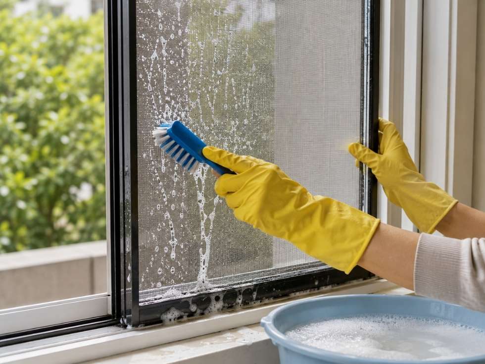 Cleaning a removable mosquito mesh screen with a soft brush and soapy water to remove dust and dirt - Beautiful Homes