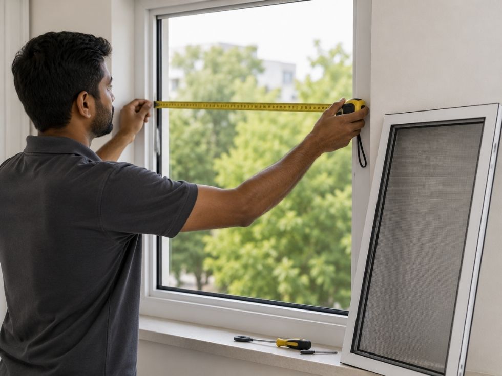 Measuring a uPVC window opening before installing a framed mosquito screen for a precise fit - Beautiful Homes
