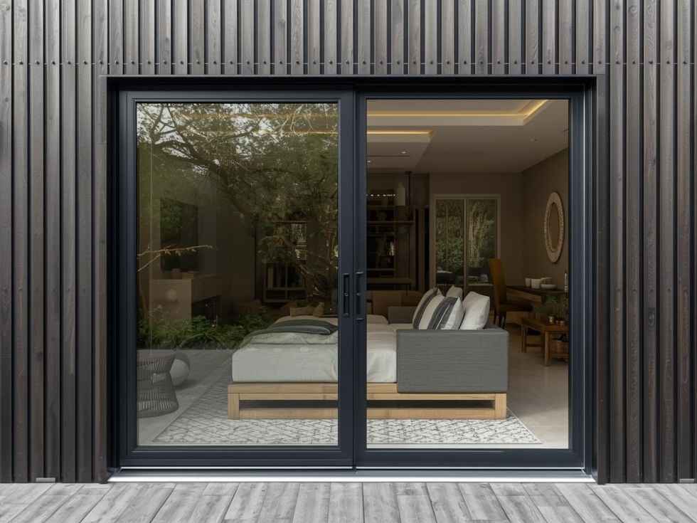 Contemporary double sliding upvc door with black frame- Beautiful Homes