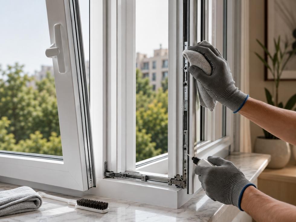 Cleaning and lubricating tilt and turn uPVC window hinges and locking hardware - Beautiful Homes