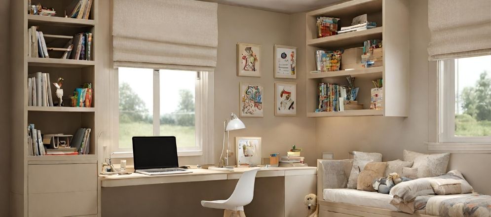Light beige study room with window seating - Beautiful Homes