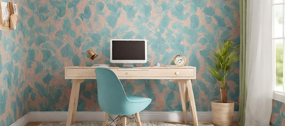 Wooden study table with patterned wallpaper - Beautiful Homes