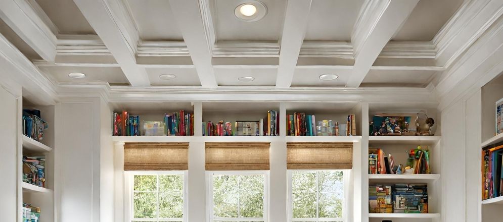 White coffered ceiling with recessed lights - Beautiful Homes
