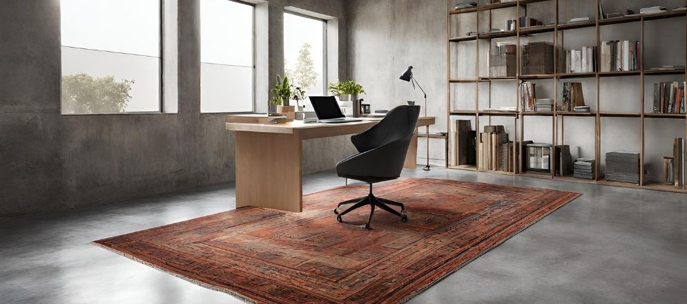 Study table with concrete flooring and rug- Beautiful Homes