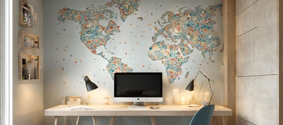 Study table with map wallpaper - Beautiful Homes