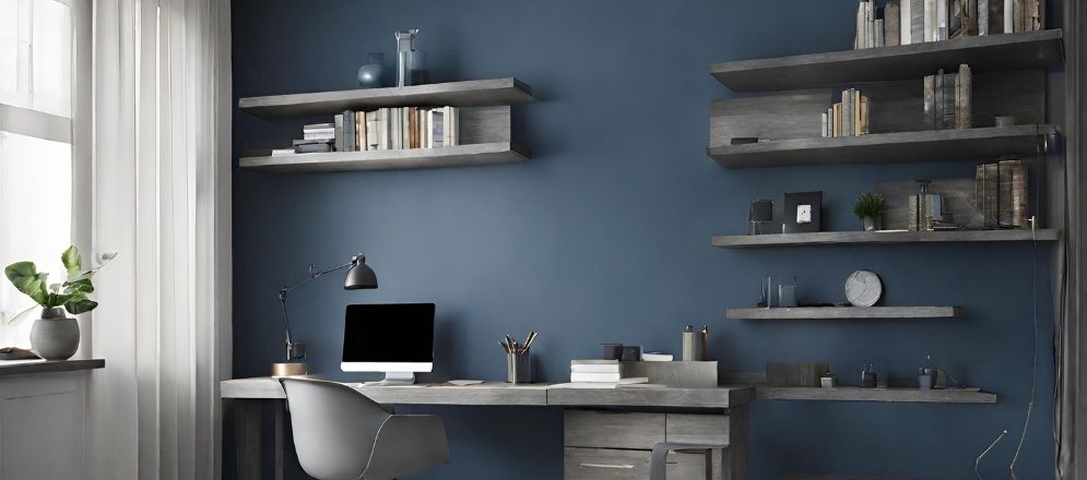 Grey study table with dark blue walls - Beautiful Homes
