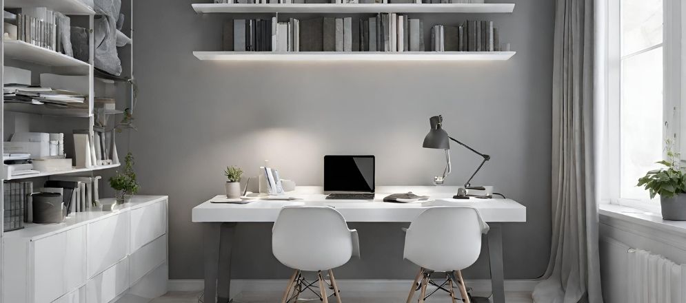 White study table with grey walls - Beautiful Homes