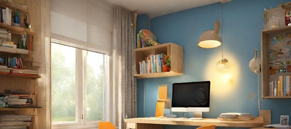 Yellow desk bulb with blue walls - Beautiful Homes
