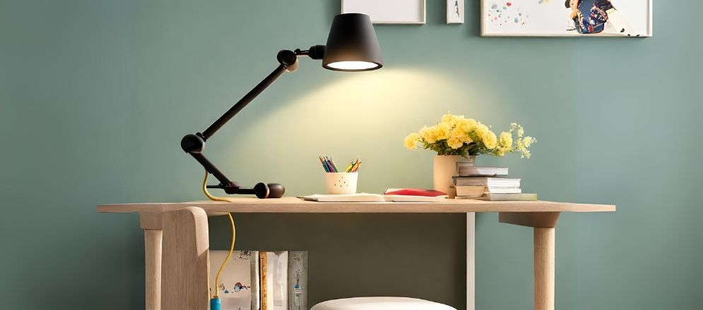 Black desk lamp with wooden study table - Beautiful Homes