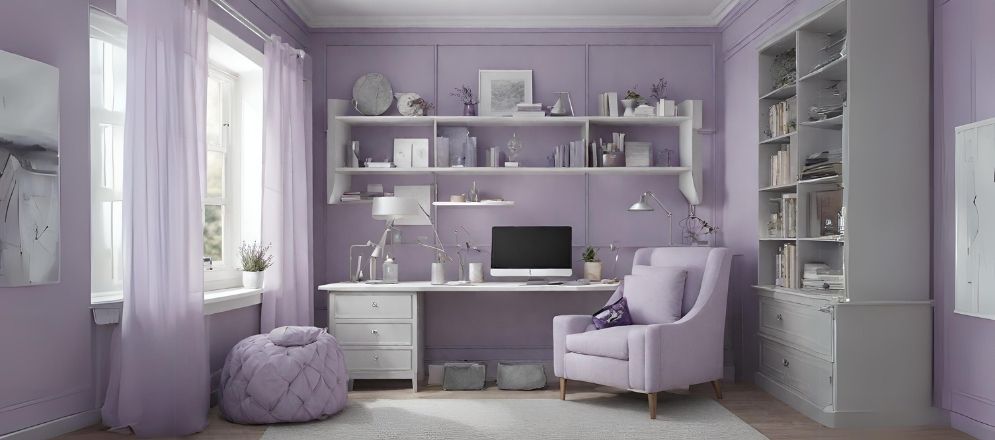 Grey study table with lavender walls - Beautiful Homes