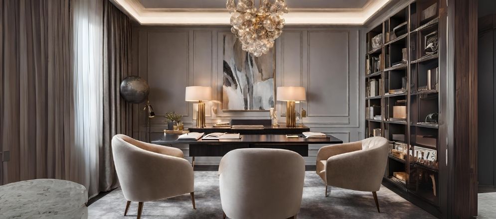 Luxe study room with chandelier - Beautiful Homes