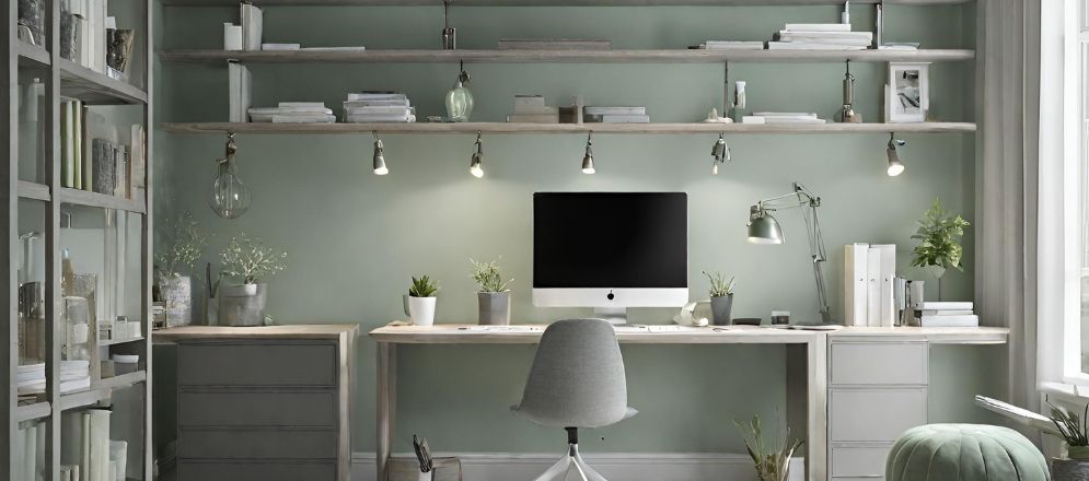 Grey study table with pale green walls - Beautiful Homes