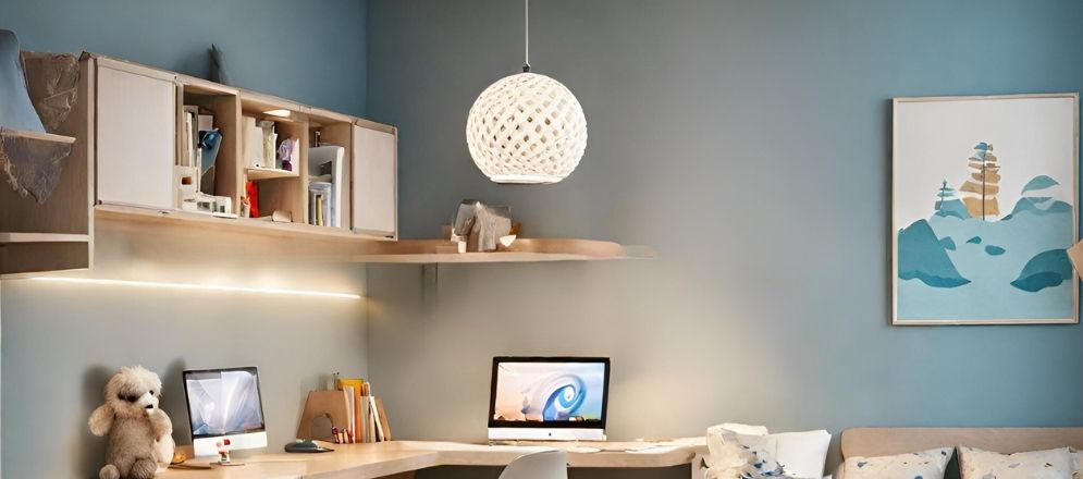 White round pendant light with wooden study table - Beautiful Homes