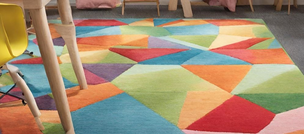 Colourful geometric rug for study room - Beautiful Homes