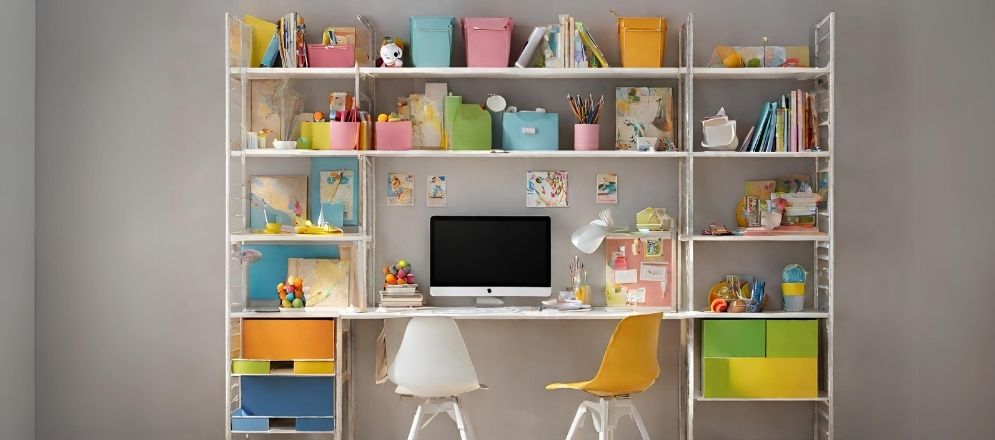 White shelves for colourful study room - Beautiful Homes