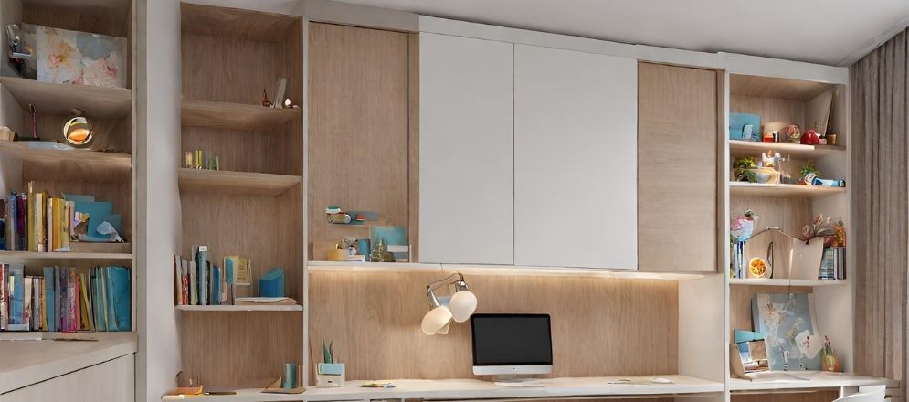 Wooden storage cabinets above study table - Beautiful Homes