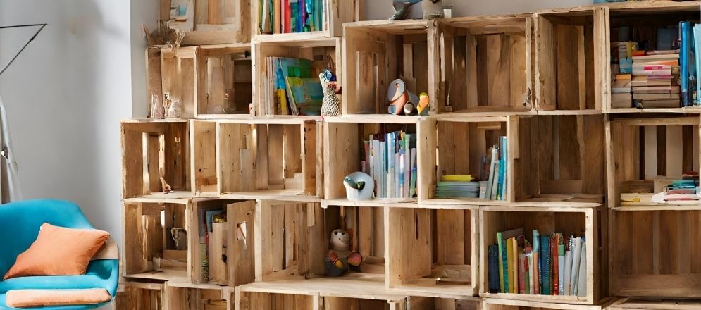 Wooden crates as bookshelves - Beautiful Homes