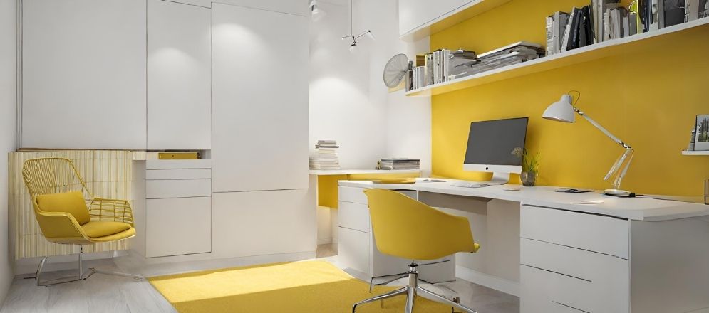 White study table with yellow walls - Beautiful Homes