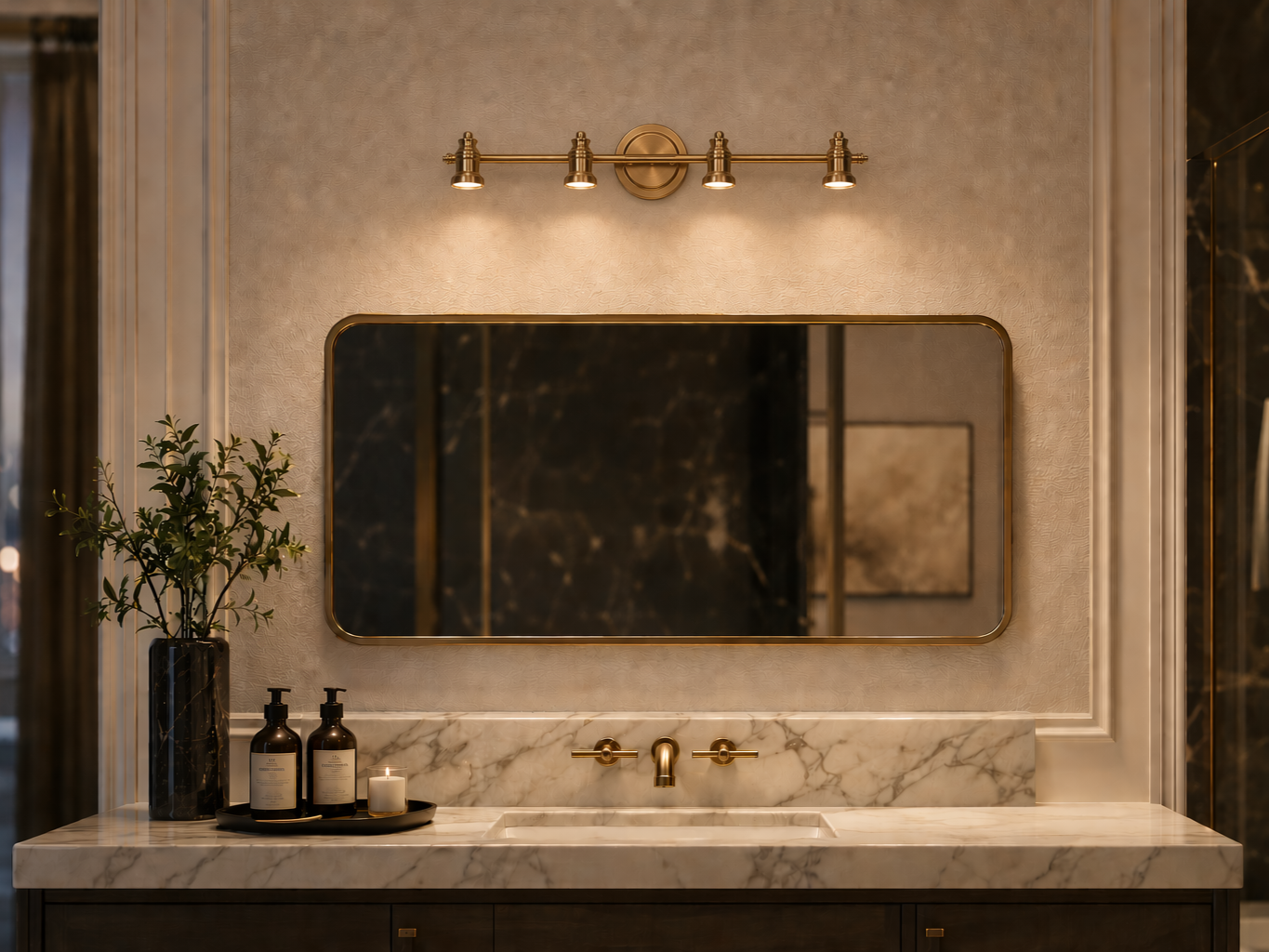 Wall-mounted brass vanity light with four cylindrical spotlights - Beautiful Homes