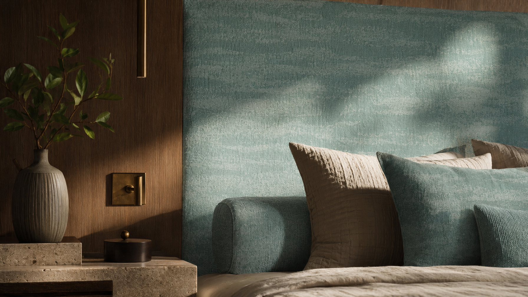 Sofa-style furnishing with muted teal textured upholstery, and layered accent cushions - Beautiful Homes
