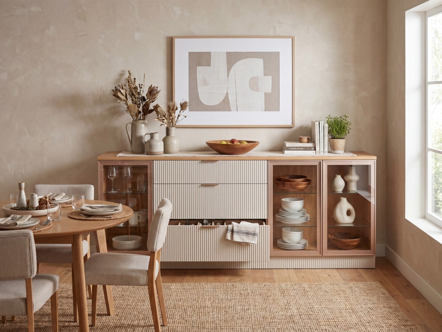 Light oak crockery unit with glass-front cabinets, fluted cream drawers, and open storage for tableware, positioned against a textured beige wall in a refined dining room - Beautiful Homes