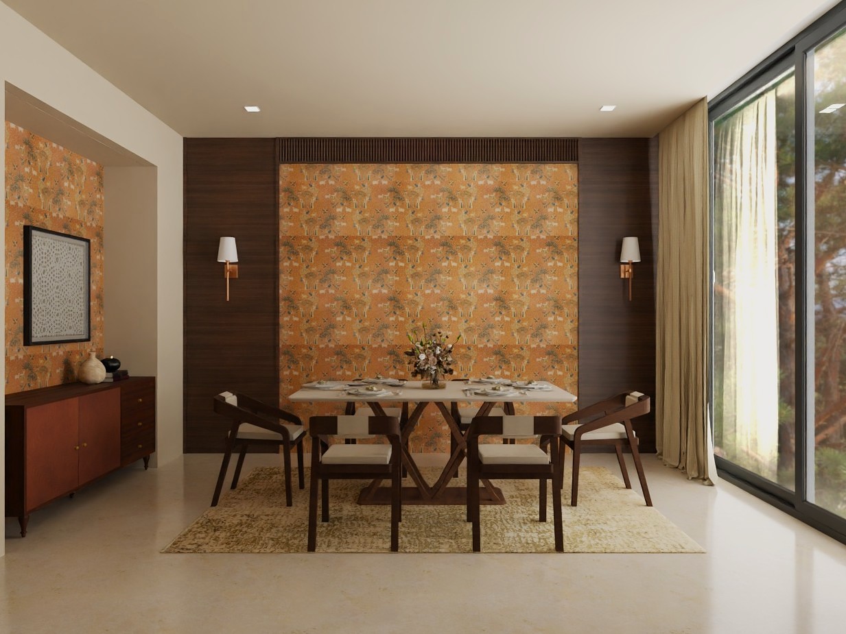 Modern dining room featuring a marble table, patterned wallpaper, and natural light - Beautiful Homes