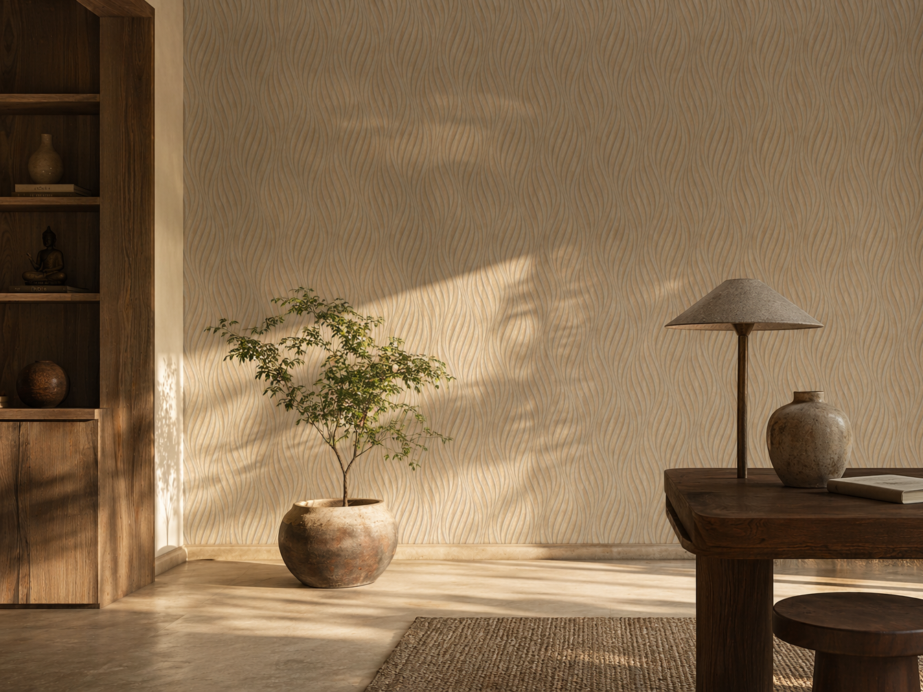 Home office wallpaper in a warm beige tone with subtle wavy linear texture - Beautiful Homes
