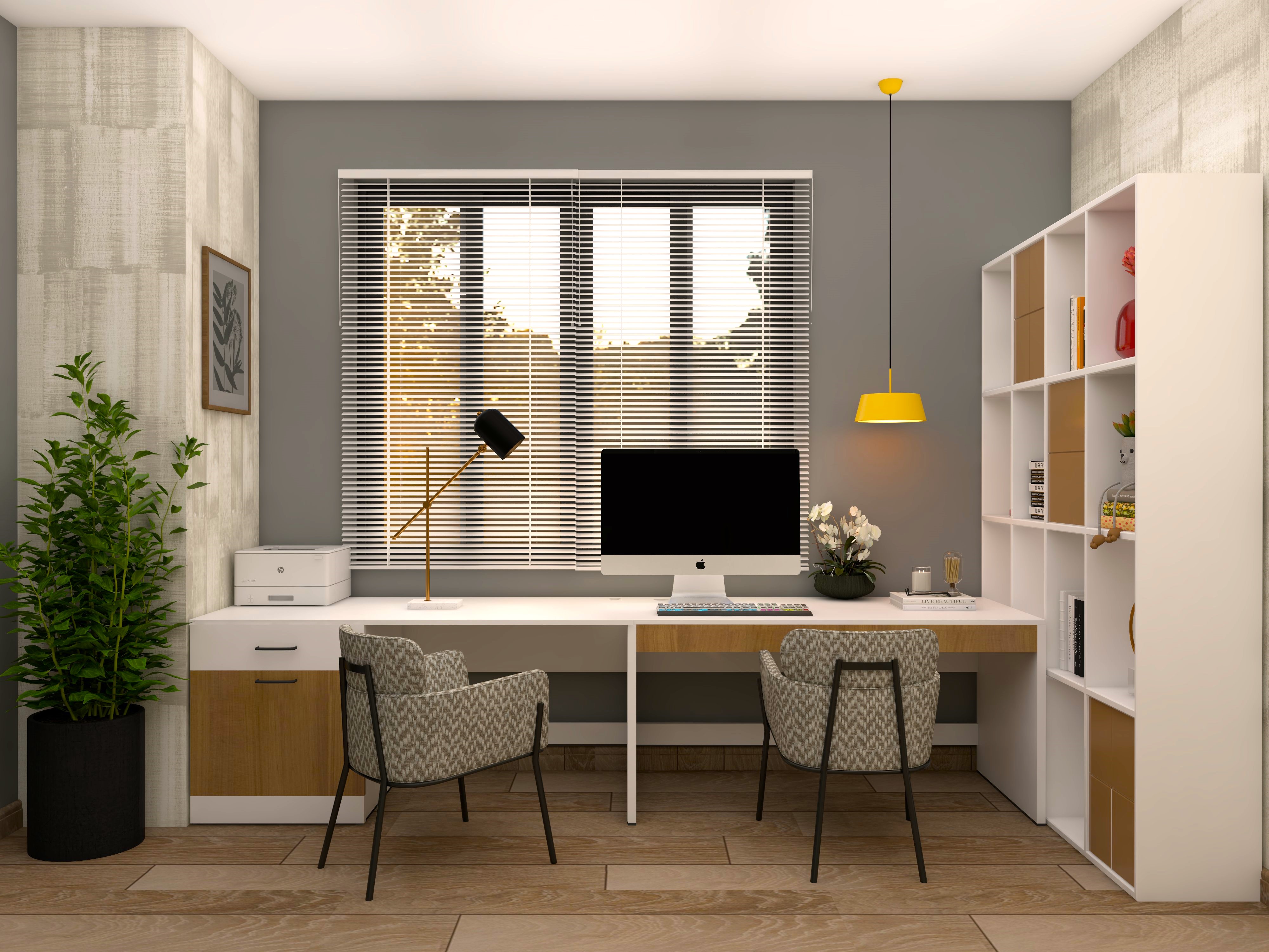 Home office with grey walls and white computer table-Beautiful Homes