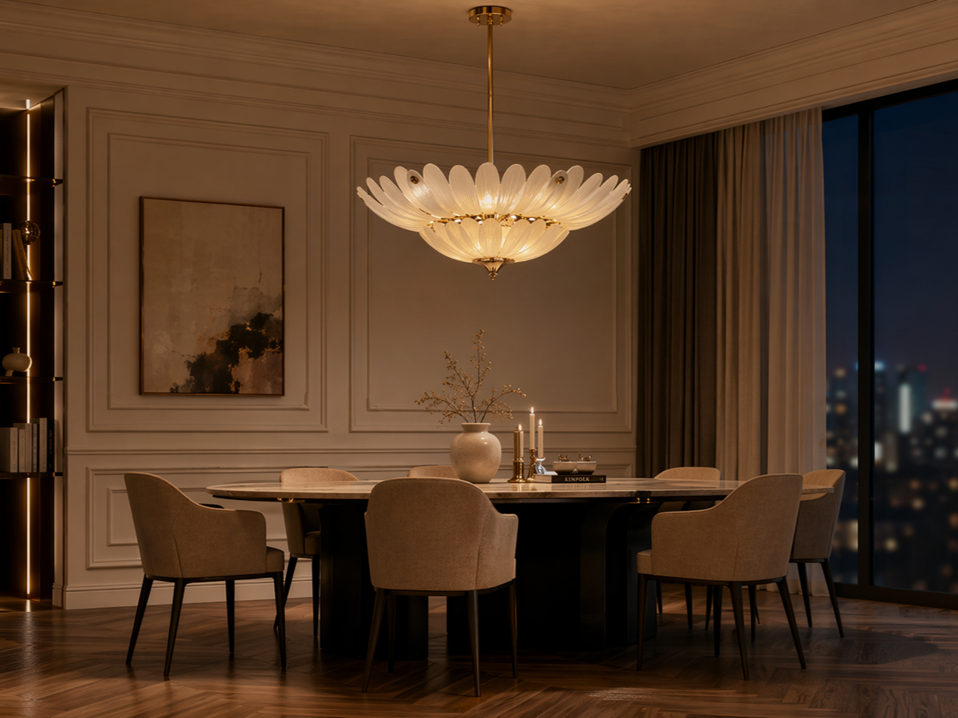 Gold chandelier with layered frosted glass petals - Beautiful Homes