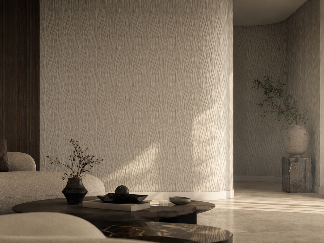 Living room wallpaper with a soft beige wave-textured design across a curved feature wall - Beautiful Homes