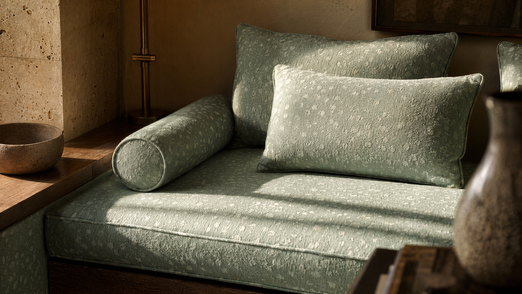 Built-in sofa furnishing with sage-green textured upholstery, matching cushions, and a cylindrical bolster pillow - Beautiful Homes