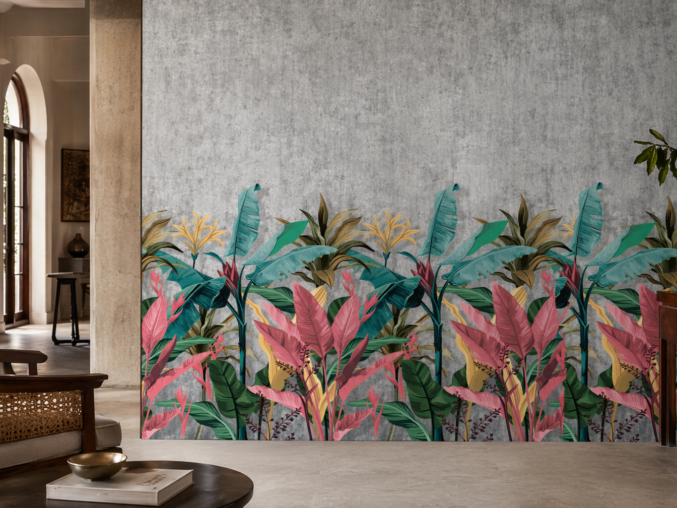 Wallpaper with a distressed concrete-look backdrop and a vibrant tropical leaf mural in green, teal, pink, and yellow tones - Beautiful Homes