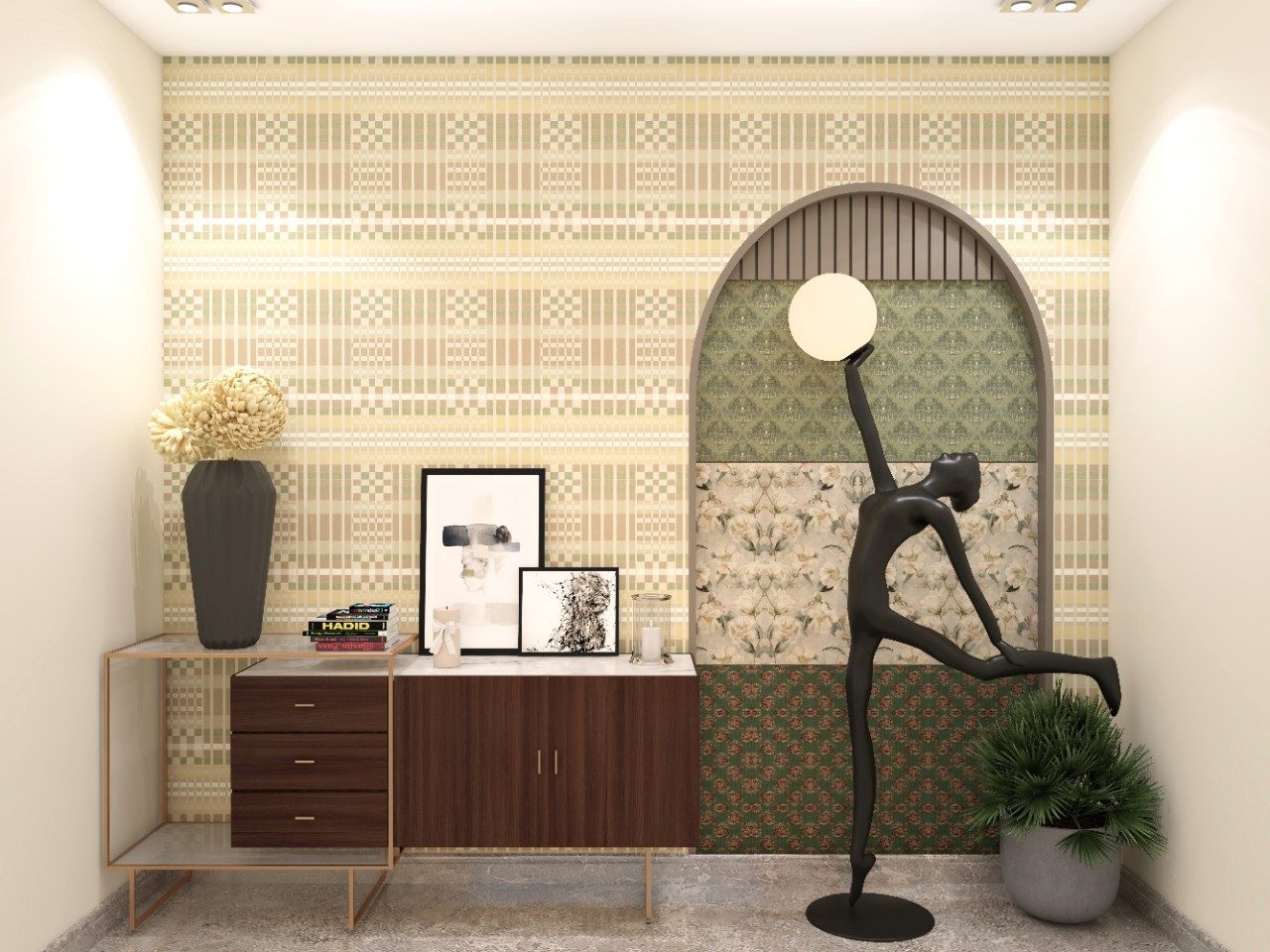Eclectic foyer with rattan furniture and wooden console - Beautiful Homes