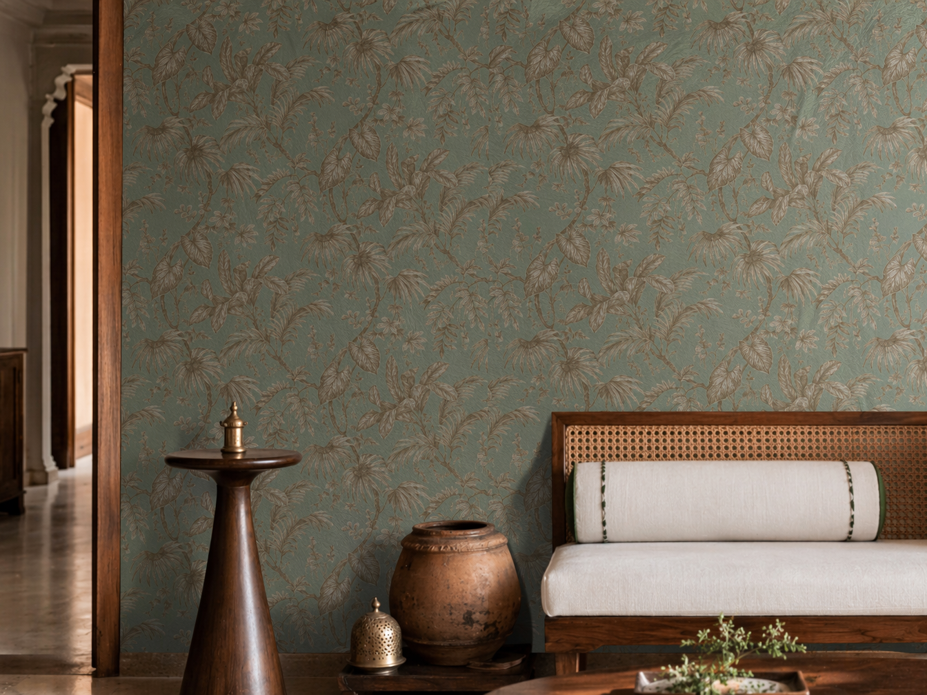 Living room wallpaper in muted sage green with delicate gold botanical foliage - Beautiful Homes