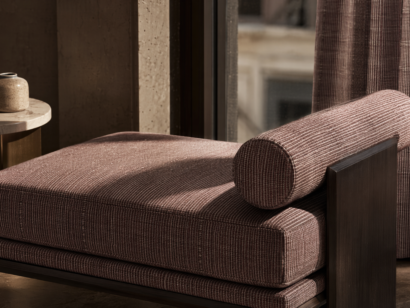 Contemporary daybed with textured mauve woven upholstery and matching bolster cushion - Beautiful Homes