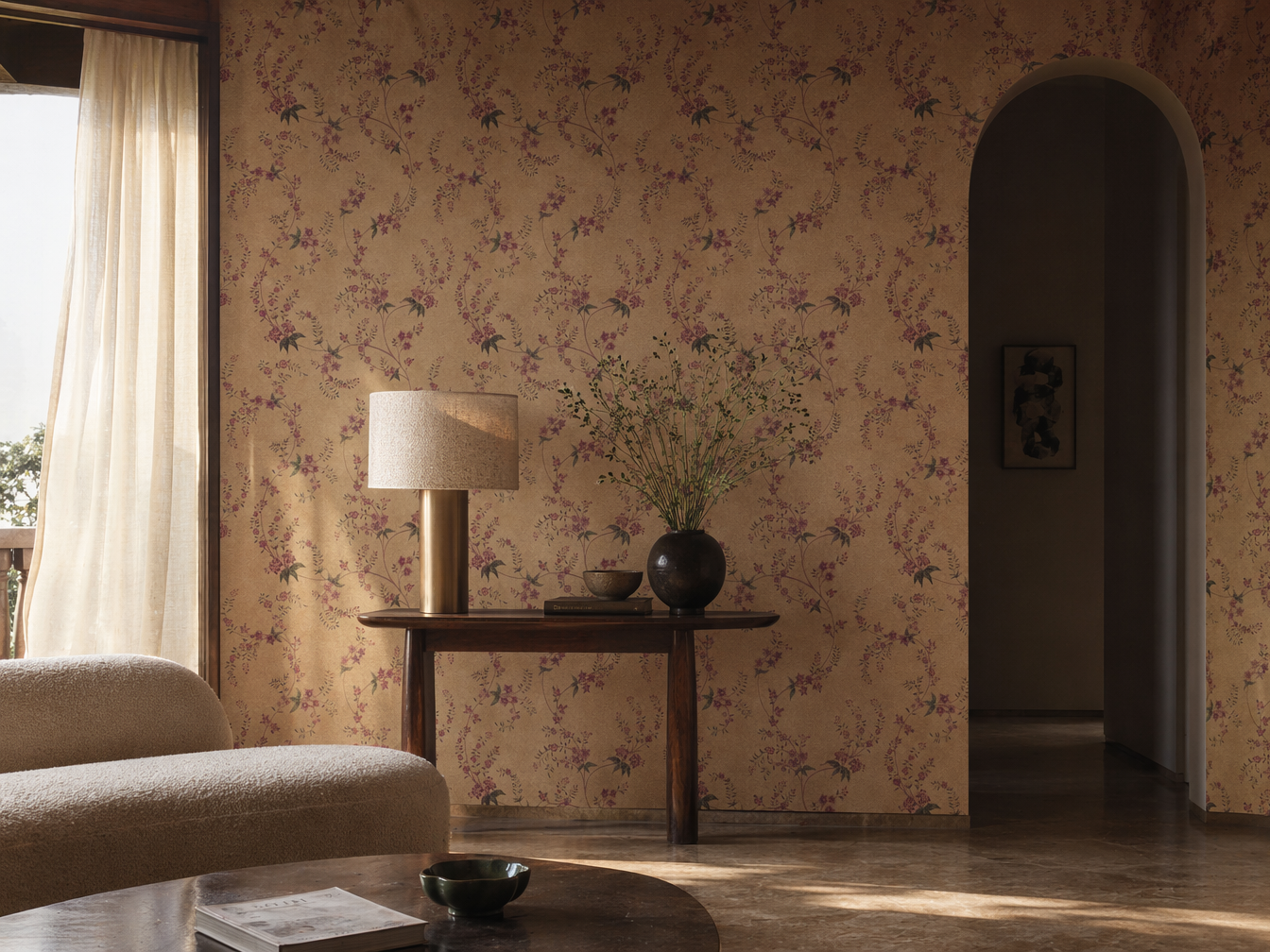 Living room wallpaper in a warm ochre tone with a delicate floral vine pattern - Beautiful Homes