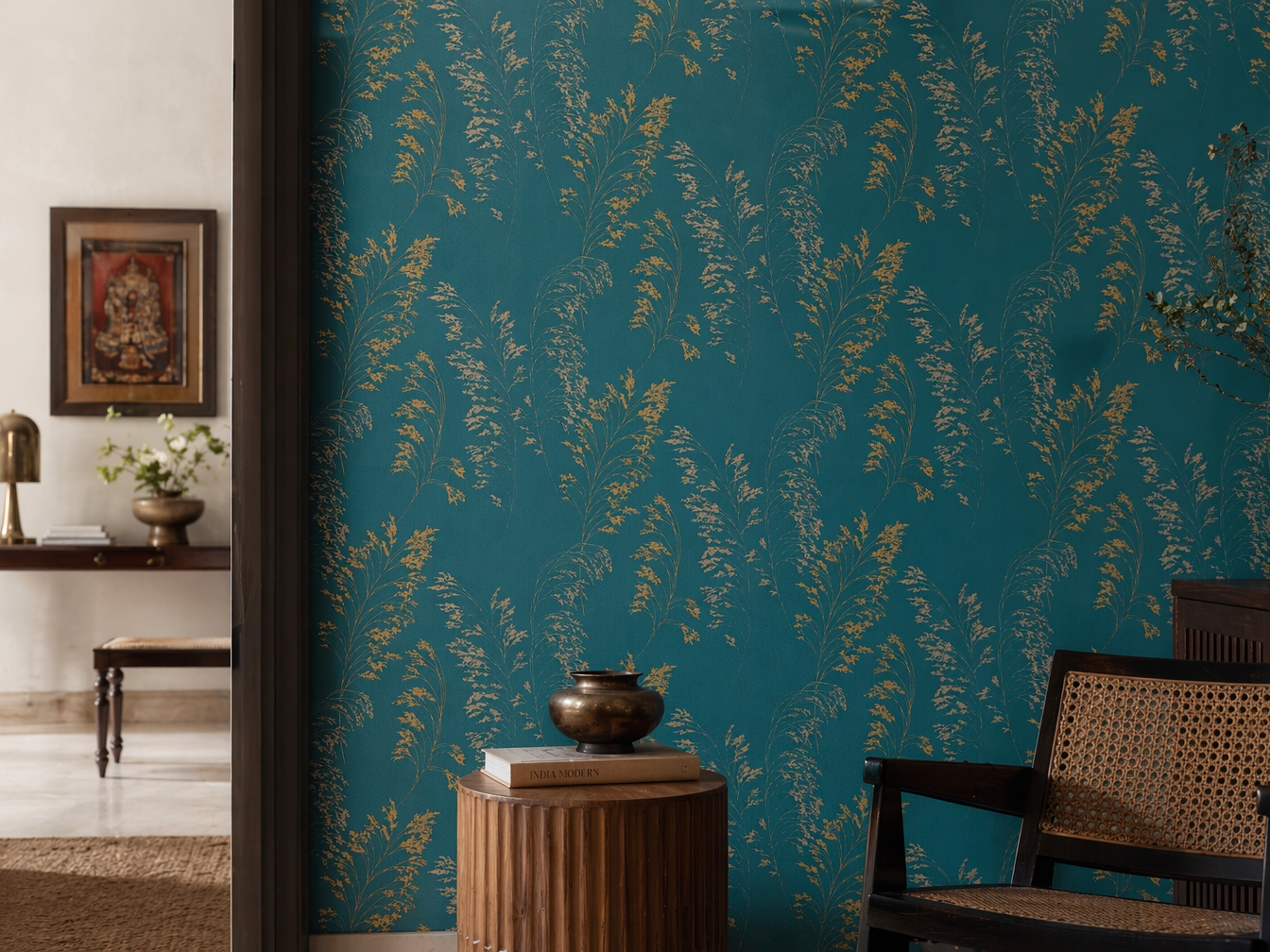 Living room wallpaper in deep teal with a delicate metallic gold grass motifs - Beautiful Homes