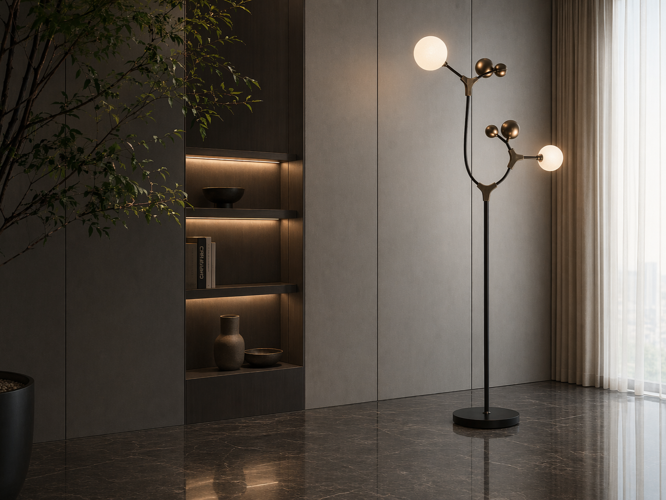 Artistic floor lamp with a black stem, bronze branching frame, and glowing frosted glass globes - Beautiful Homes