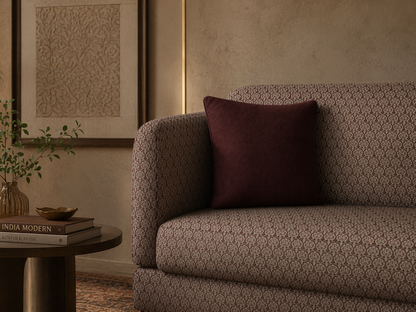 Upholstered sofa with a terracotta and off-white patterned fabric, rounded armrest, and rich burgundy accent cushion beside a dark wood side table - Beautiful Homes