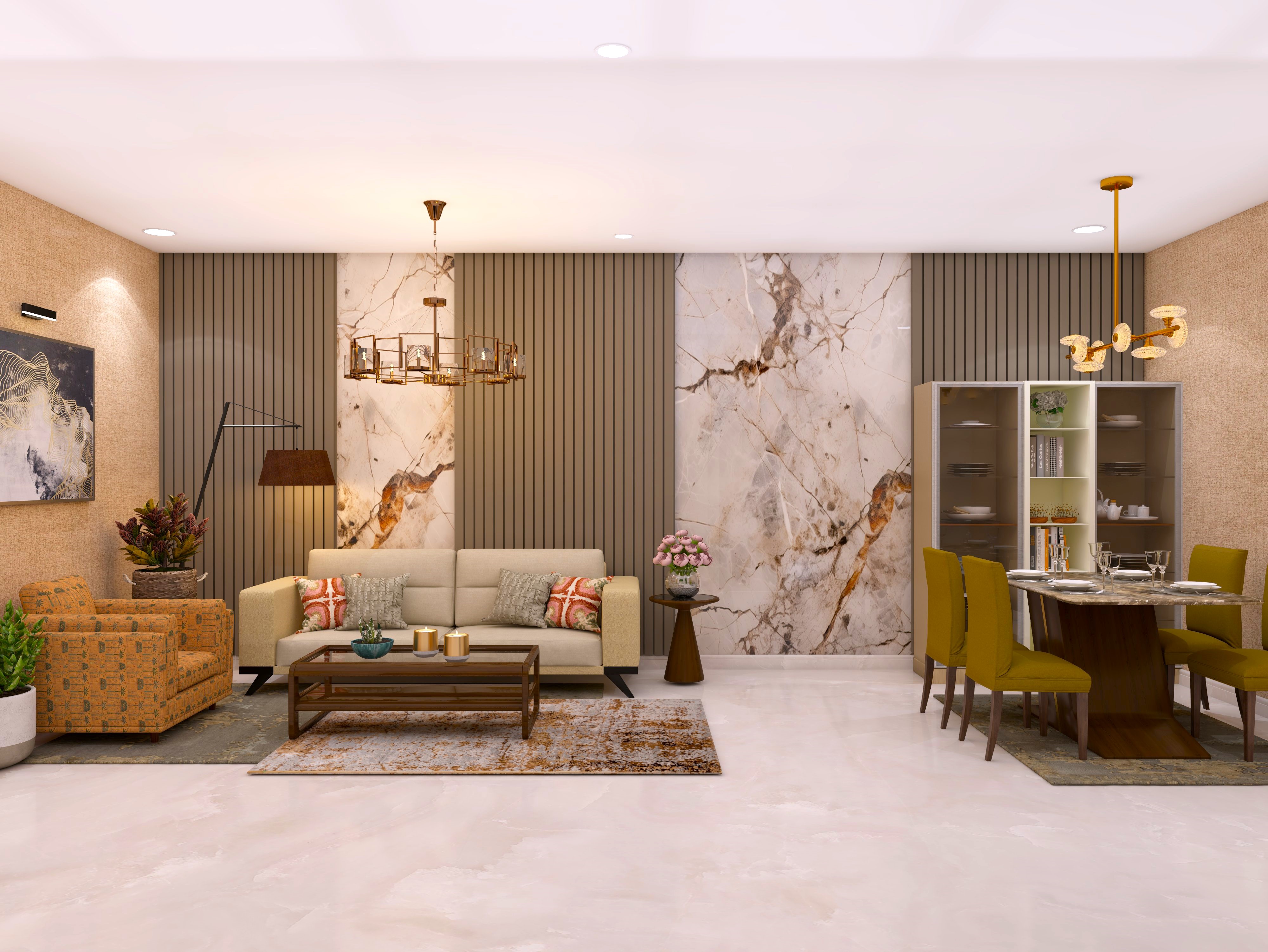 Modern living room with 4-seater marble dining table - Beautiful Homes