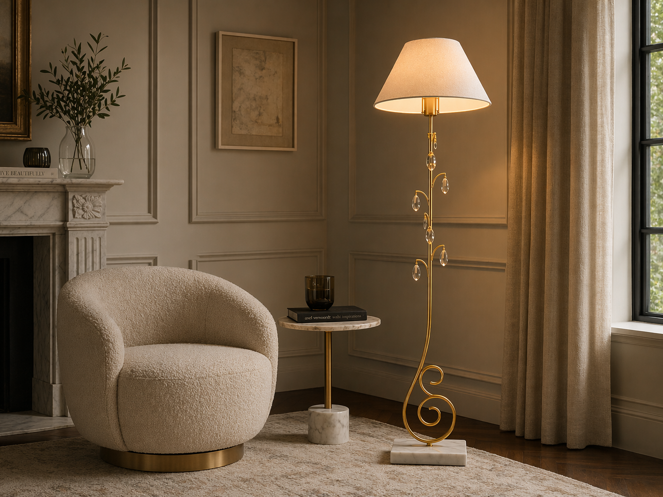 Brass floor lamp with a cream fabric shade, sculptural stem, and crystal-style hanging accents - Beautiful Homes