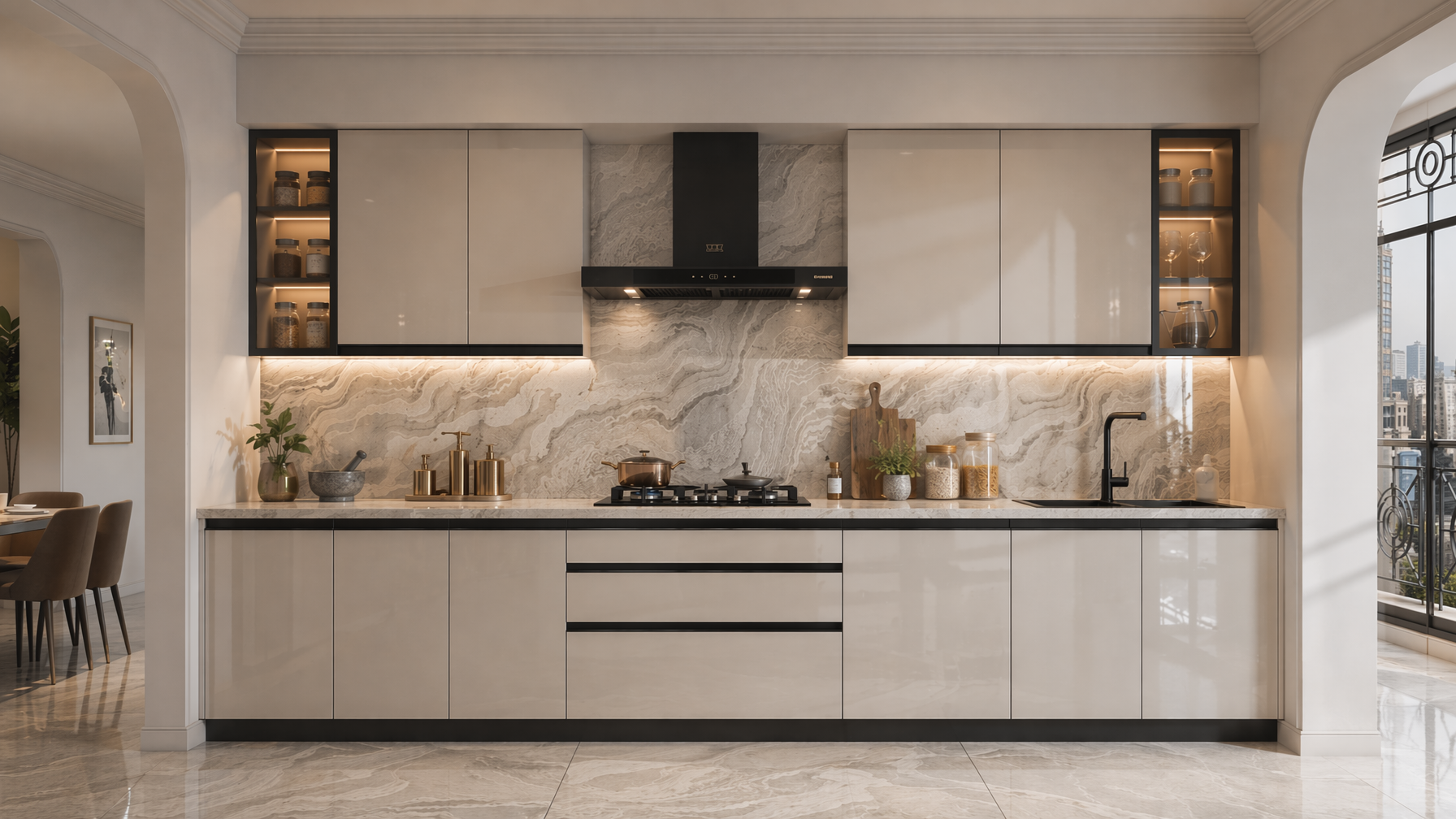 Modern kitchen with glossy beige cabinetry, dramatic veined stone backsplash and countertop - Beautiful Homes