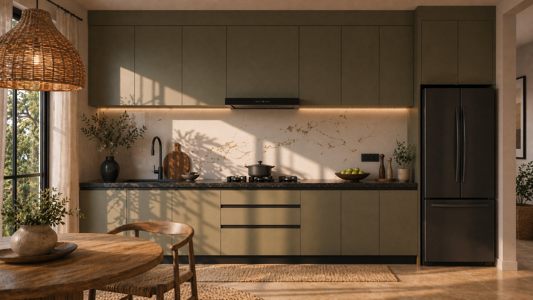 Contemporary kitchen with sage green flat-panel cabinets, dark stone countertop, and marble backsplash - Beautiful Homes