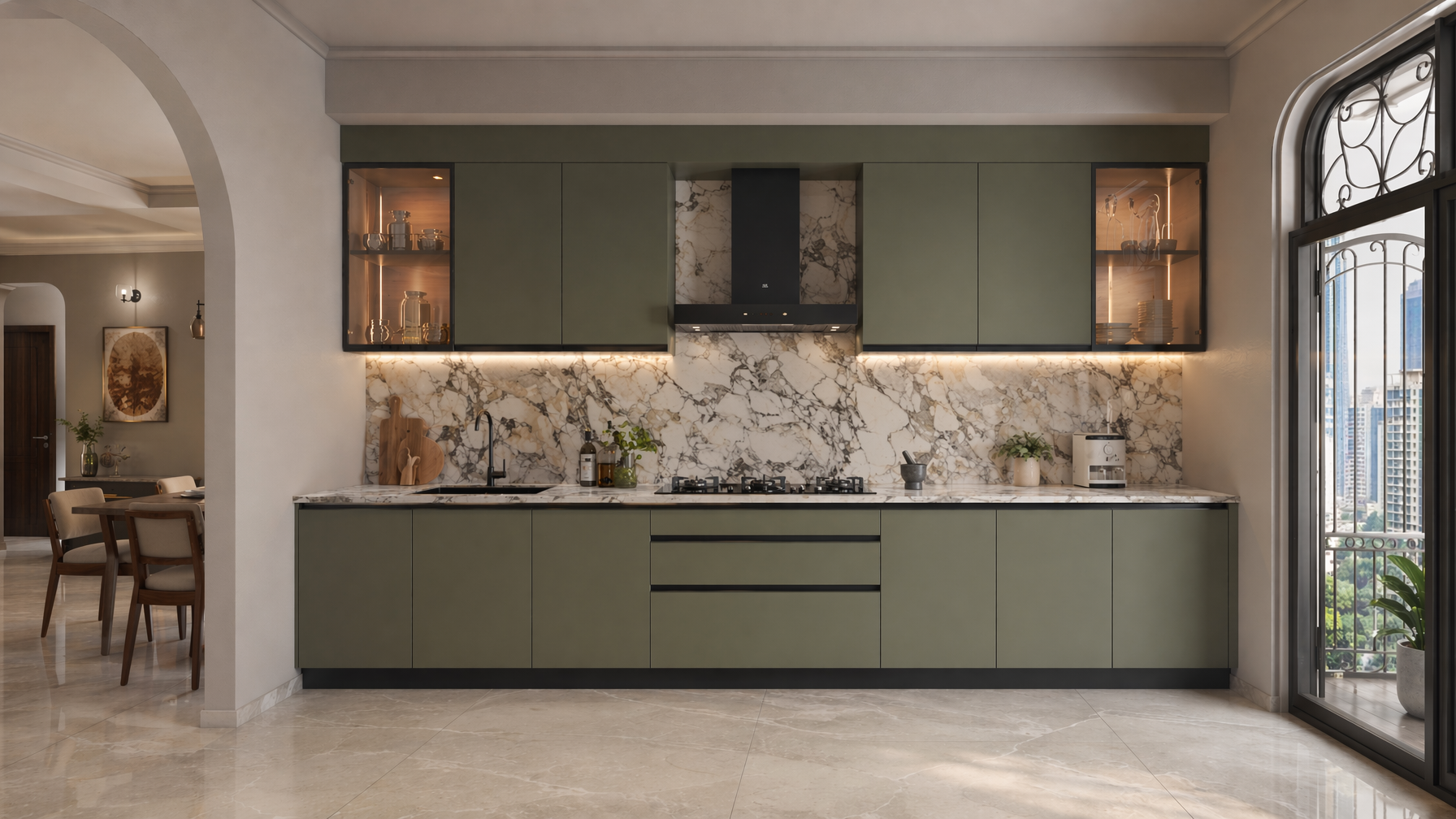 Contemporary kitchen with matte olive green cabinetry and bold white marble countertop and backsplash - Beautiful Homes