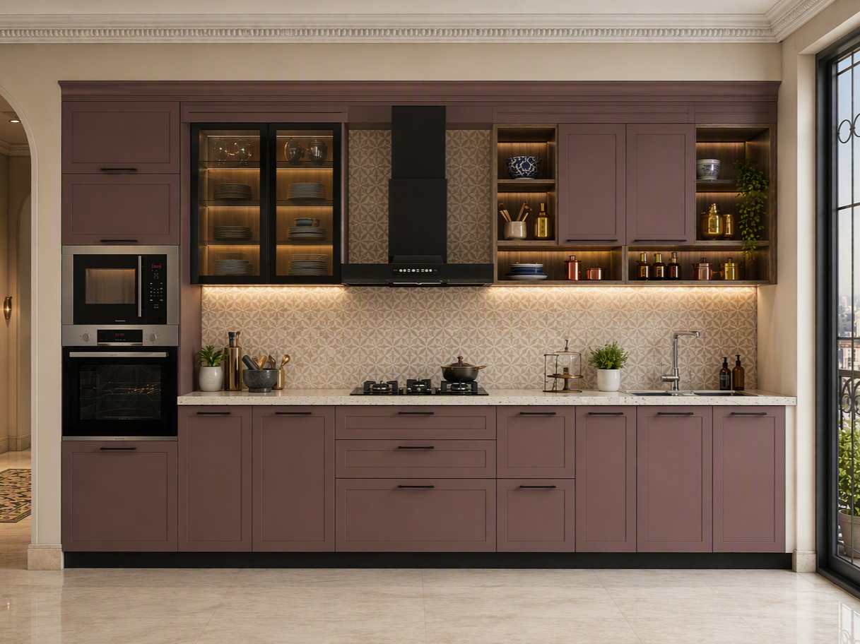 Modern kitchen with matte plum shaker cabinets, black-framed glass storage, open wooden shelves, a light stone countertop, and a beige patterned backsplash - Beautiful Homes
