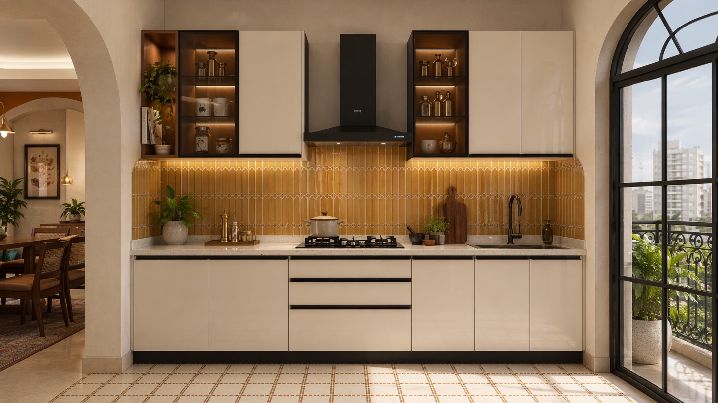 Modern kitchen with glossy cream handleless cabinets, a speckled white countertop, mustard yellow vertical tile backsplash, black fixtures, and glass-front upper storage - Beautiful Homes