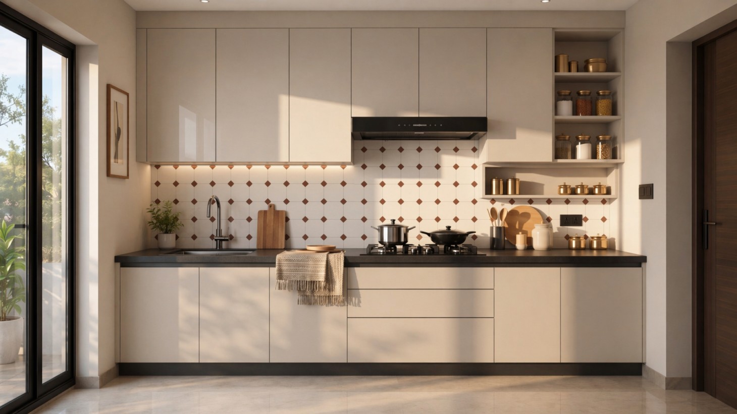 Modern kitchen with handleless beige cabinetry, a dark countertop, geometric white tile backsplash, and open shelving with brass accents - Beautiful Homes